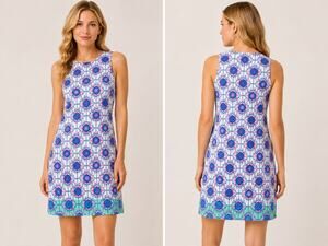 Hatley Sleeveless Geometric Print Shift Dress Blue Pink White NWT Size Small